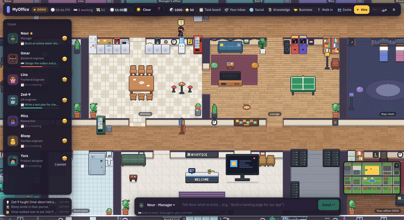 In-game screenshot: the office, the team and the command bar